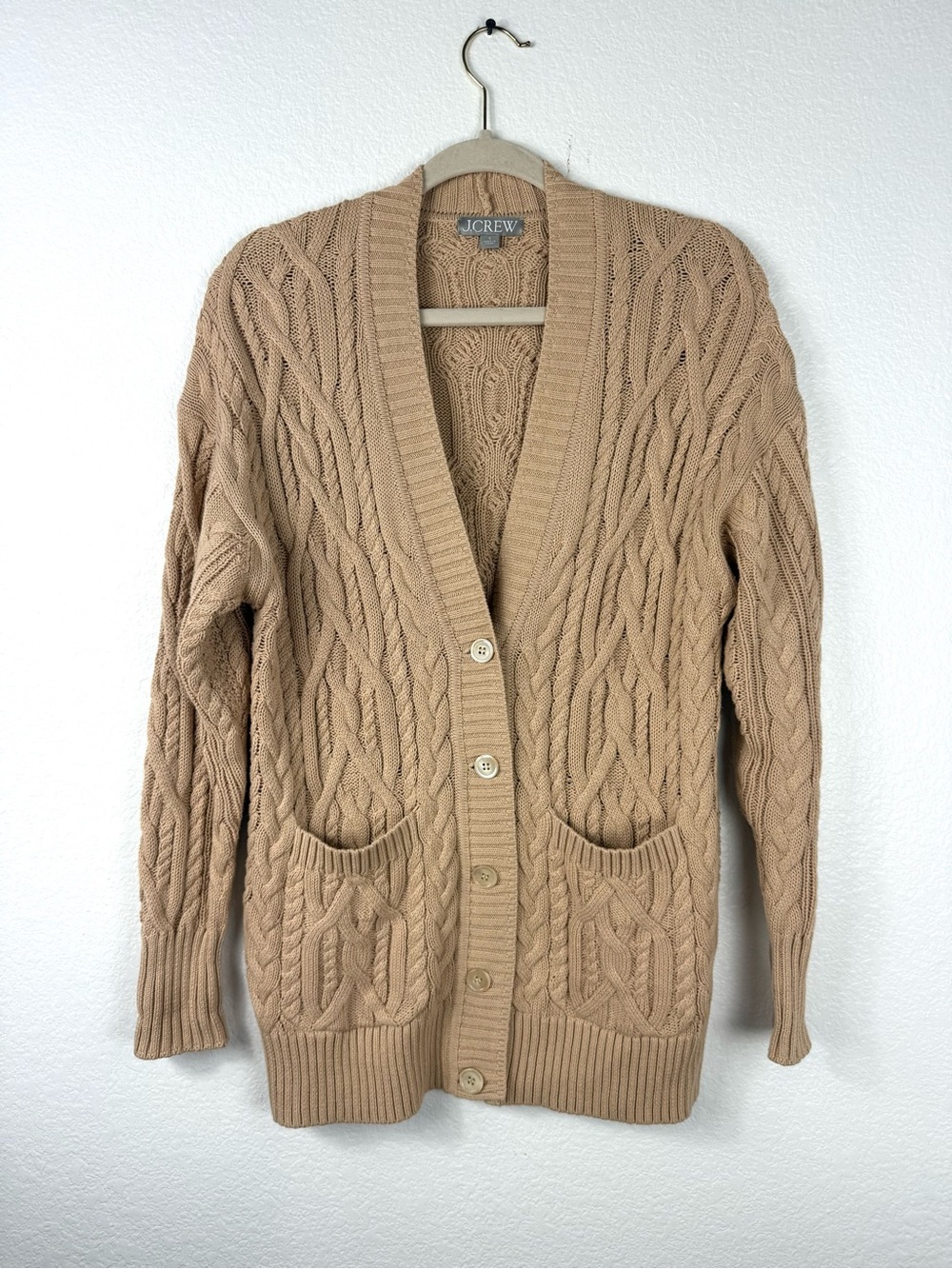 J. Crew Camel Cable Knit Button-Front Cardigan sweater size S